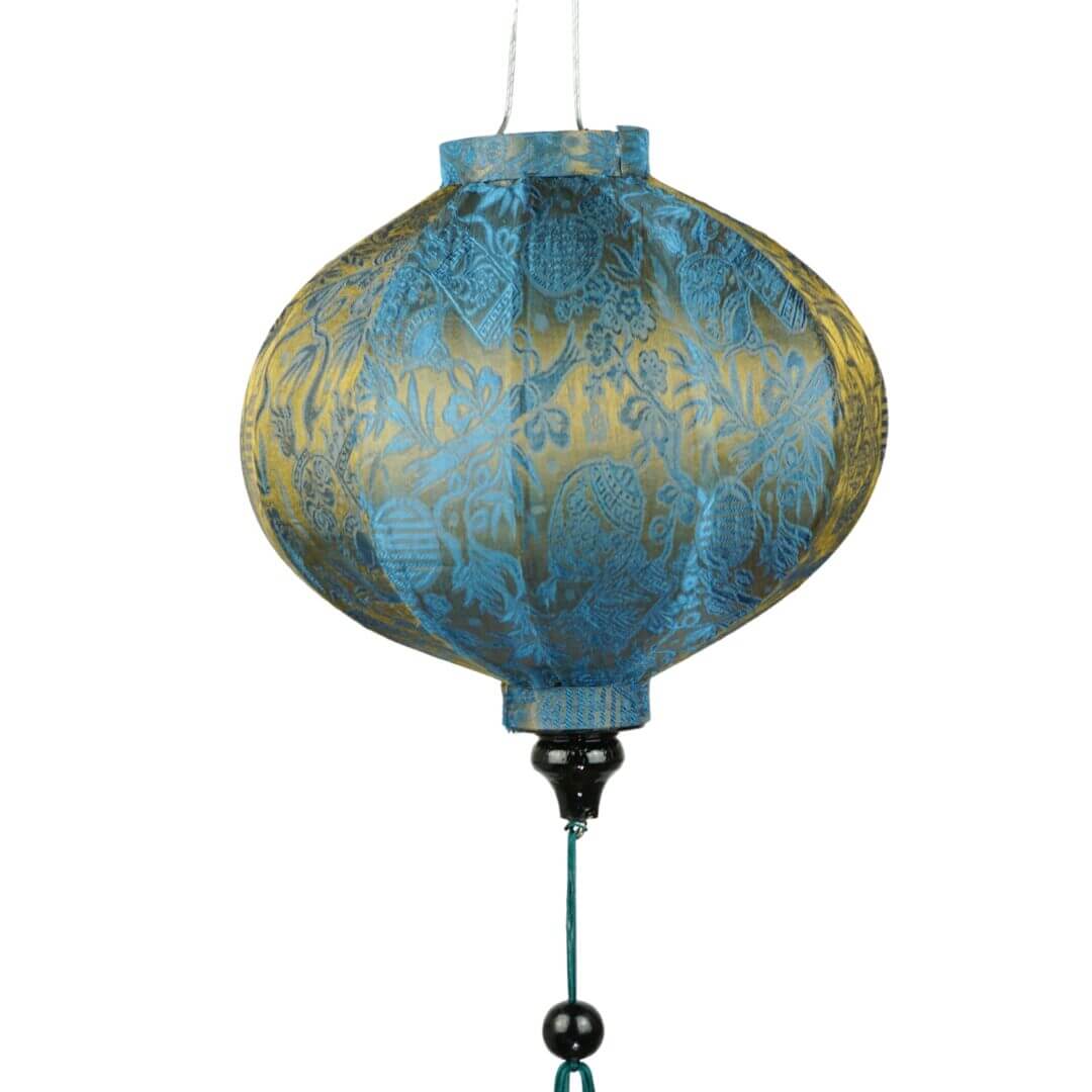 Hoi An Lampion Blau Gold Rund Blau Goldener Seidenlampion in Runder Form