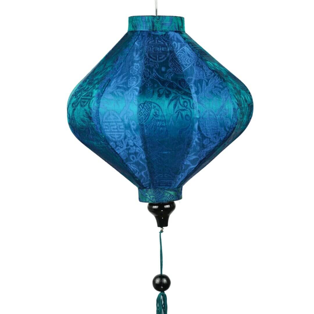 Hoi An Lampion Blau Gruen Diamant Blau Grüner Seidenlampion in Diamant Form