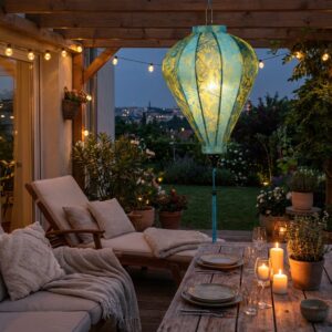 Vietnam Lampion Blau Gold auf Terasse