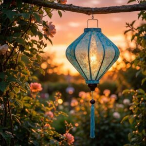 Seidenlampion Hellblau Diamantform im Garten bei Sonnenuntergang