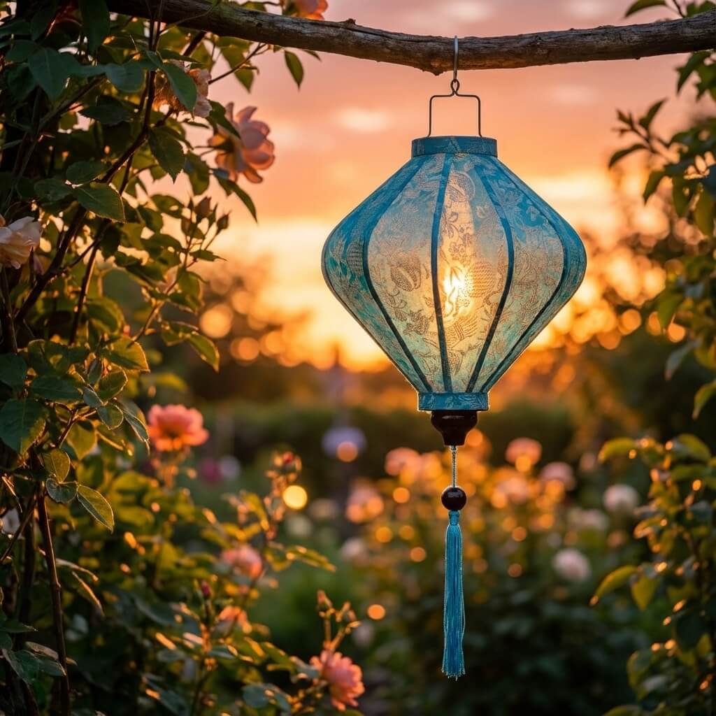 Vietnam Lampion Hellblau Seidenlampion Hellblau Diamantform im Garten bei Sonnenuntergang