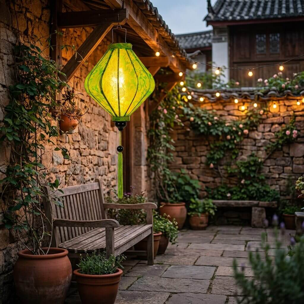 Vietnam Lampion Gruen Gelb Vietnam Lampion Grün Gelb im Hof