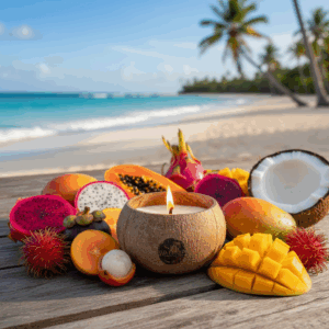 Kokosnuss Kerze Tropical Fruits am Strand mit tropischen Früchten