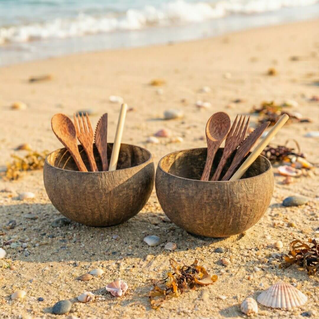 Coconut Bowl Taijitu Duo mit Besteckset Coconut Bowl Taijitu Duo mit Besteckset am Strand